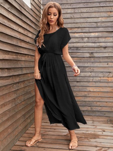 

split thigh drawstring waist cover up 23rw#, White;black