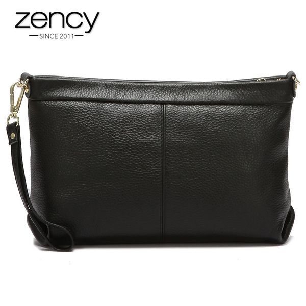

zency 100% genuine leather fashion women day clutches bag classic black shoulder bags tote purse lady handbag