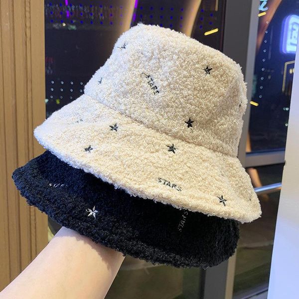 

wide brim hats 2021 hat winter women lmitation lamb wool bucket japan korea fashion cold protection thicken keep warm pots cap, Blue;gray