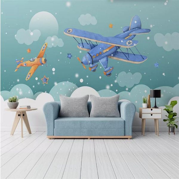 

nordic hand-painted children's room background mural wallpaper 3d cartoon blue sky and white clouds airplane wall paper 3d