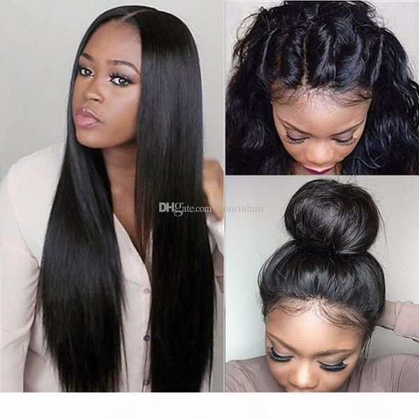

full lace human hair wig silky straight malaysian virgin hair pre-plucked hairline with baby hair lace front wig glueless bleached knots, Black;brown