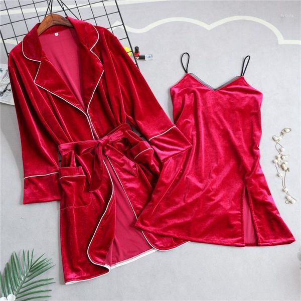 

elegant women sleepwear 2pcs nighty&robe solid velvet warm bathrobe gown sleep suit leisure nightdress negligee home wear1, Black;red