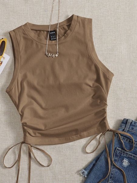 

drawstring ruched side crop tank d4e6#, White