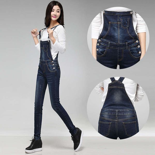 

women's small leg spring and autumn new korean large size pencil student suspender jeans pants, Blue