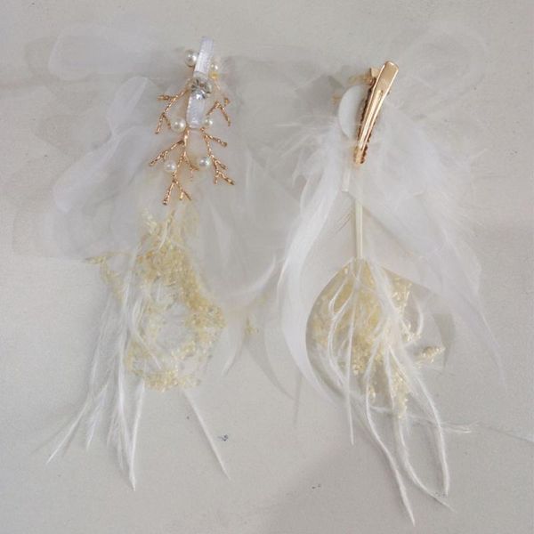 

feather headdress yarn silk lace barrettes luxury pearls hair clip ribbon gypsophila dry flowers hairwear bridal hair jewelry, Golden;silver