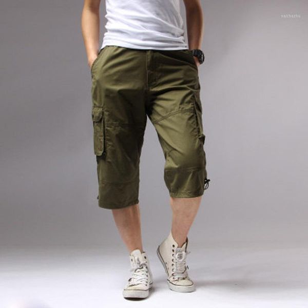 

cargo shorts men knee pocket casual cotton elastic waist bermudas male style summer 2020 breeche army 5xl 481, White;black