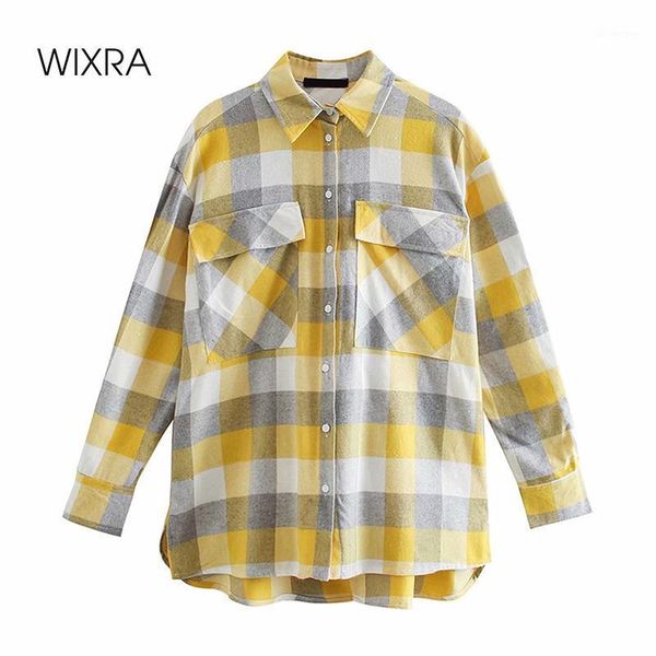 

wixra women plaid yellow blouse turn-down collar long sleeve shirts casual street style spring blusas1, White