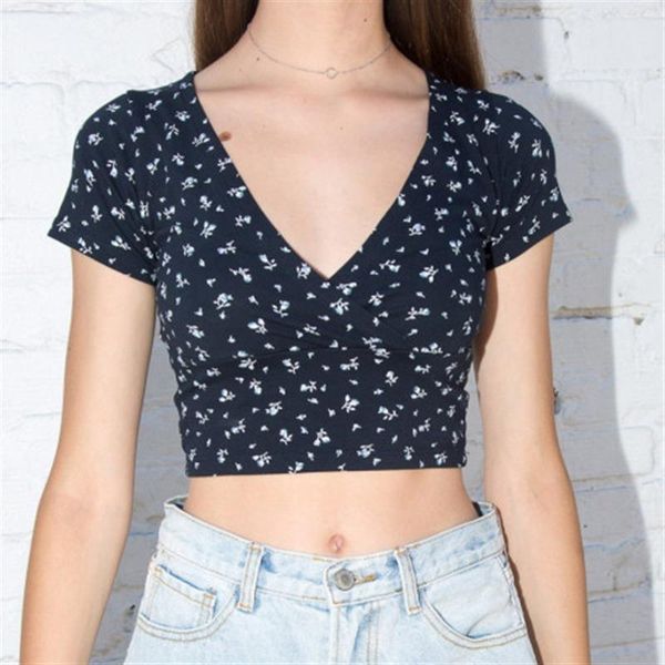 

summer 2021 new women's small print cross short-sleeved leaky t-shirt crop shirt ladies short-sleeved short top, White