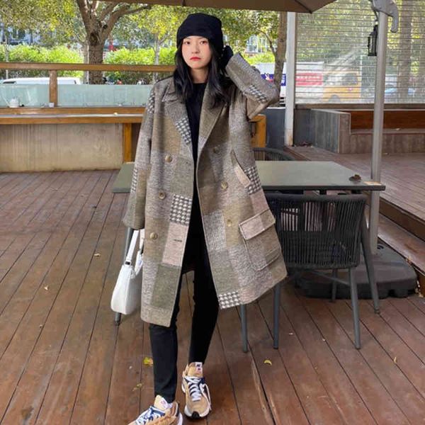 

women's wool & blends [eam] loose fit green plaid big size warm woolen coat parkas long sleeve women fashion autumn winter 2022 1de4441, Black