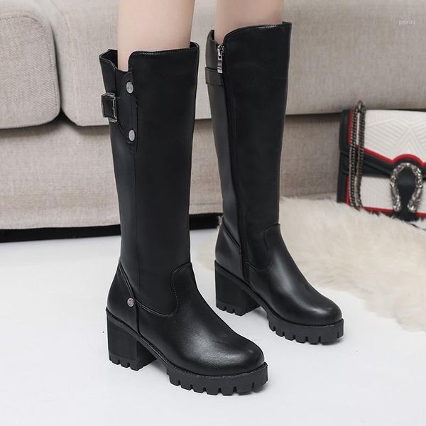 

boots plus size 35-42 women knee-high platform high heels 2021 winter warm plush snow shoes buckle booties botas mujer 8387l1, Black