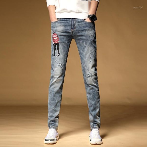 

men jeans men's summer han edition thin popular logo embroidery foot trousers male hole shallow blue cultivate morality1