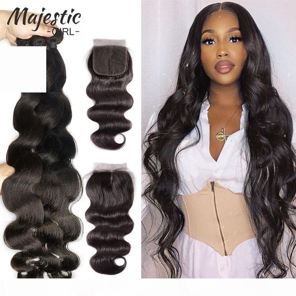 

brazilian hair weave bundles 34 36 38 40 inch body wave 100% human hair bundles with closure natural color remy hair extension, Black;brown