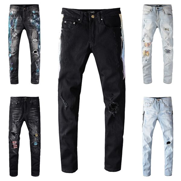 

men skinny denim designers jeans motorcycle biker ripped distressed holes waist classic washed hip hop pants asian size 28-40, Blue