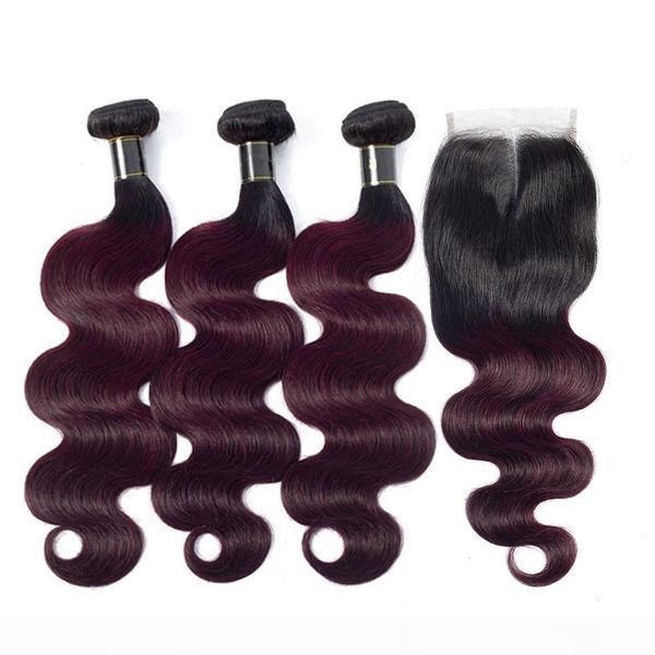 

wine red ombre body wave indian human hair weaves 3bundles with lace closure 4x4 body wavy #1b 99j burgundy ombre weaves with closure, Black;brown