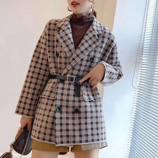 

medium-length coat women's 2020 autumn/winter dress new women's fashion casual loose temperament suit collar thin grid coat tide, Black
