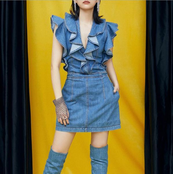 

casual with low v low-fat bandage denim dress 2021 summer drooling ladies up elegant ladies'party sleeveless breeches dressed in fx40, Black;gray