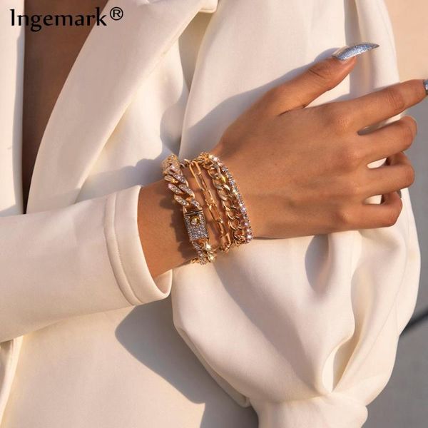 

4pcs/set luxury shiny rhinestone bracelets set bangle women men adjustable clear crystal chunky link charm bracelet hand jewelry, Black