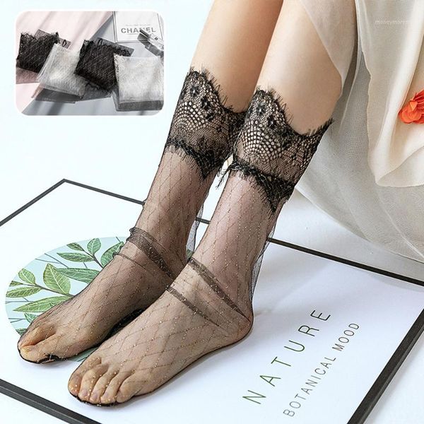 

socks & hosiery women ladies fashion ruffle gold lattice fishnet high mesh crystal lace fish net silk girls summer thin1, Black;white