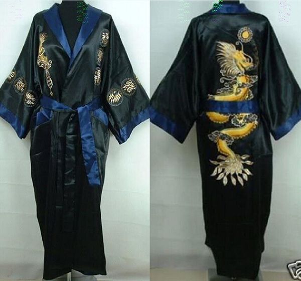 Ücretsiz Nakliye Çin Çift Yüzlü İpek Saten Erkekler Ejderha Kimono Robe Elbise Boynama Elbise