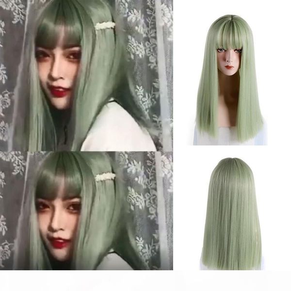 

cyan-blue gree long straight hair synthetic wig for women hair bundle with closure daily party heat resistant glueless wigs, Black