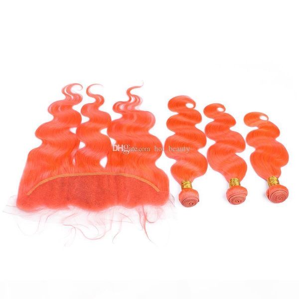 

brazilian orange human hair weave bundles with lace frontal closure 13x4 body wave pure orange full lace frontal with virgin hair wefts, Black