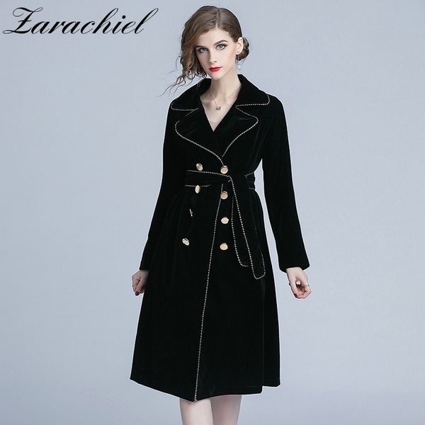 

new autumn winter black velvet trench coat women notched collar gold double-breasted with belt thick warm trench outwear 201031, Tan;black