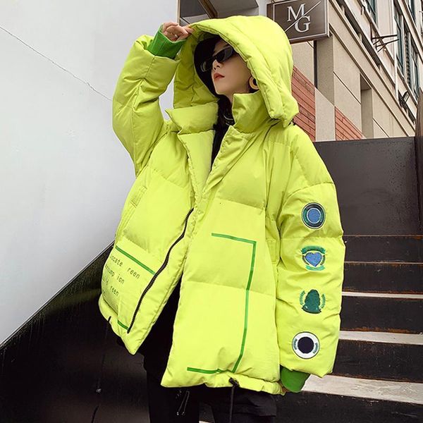 

hip hop oversized down cotton winter coat warm fluorescent green/black women plus size jacket hooded women's parka my226