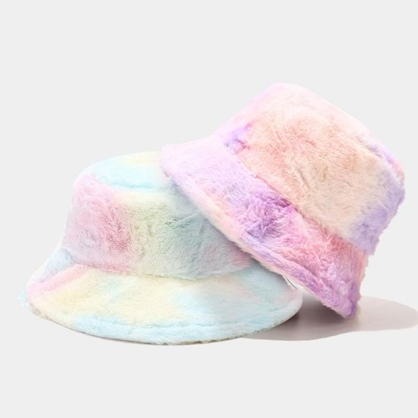 

New Original Winter Women Bucket Hats Tie dye Faux Fur Panama Warm Basin Cap Outdoor Fisherman Hat Girls, Blue;gray