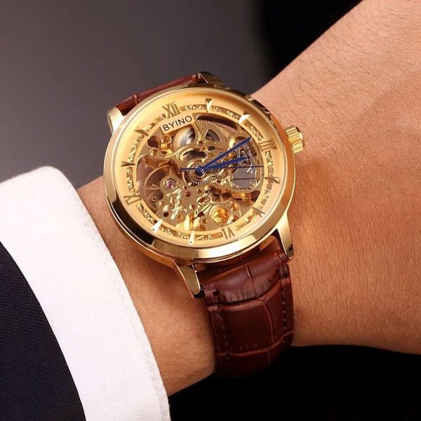 

beiluo business men's hollow out 2020 automatic mechanical watch leisure youth waterproof transparent gold men's watch, Slivery;brown