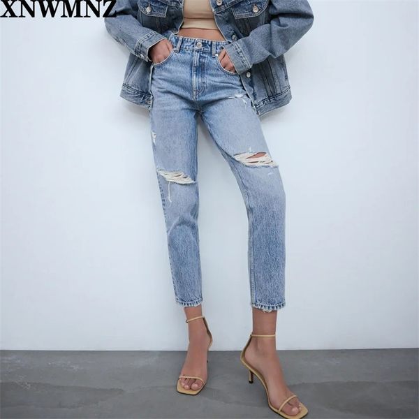 

za women loose broken hole jeans women fashion bleached deep blue denim pants women elegant full length jeans female ladies