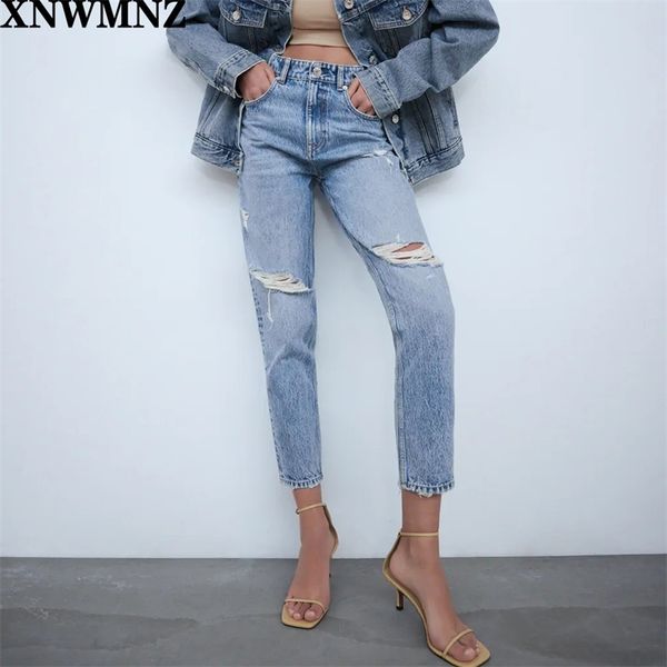 Za frauen Lose Gebrochen Loch Jeans Frauen Mode Gebleichte Tief Blau Denim Hosen Frauen Elegante Voller Länge Jeans Weibliche damen