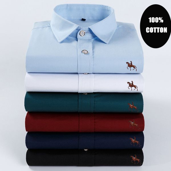 

new plus size 6xl 100% cotton solid men's shirts long sleeve embroidered horse casual without pocket social dress shirt for male c1211, White;black