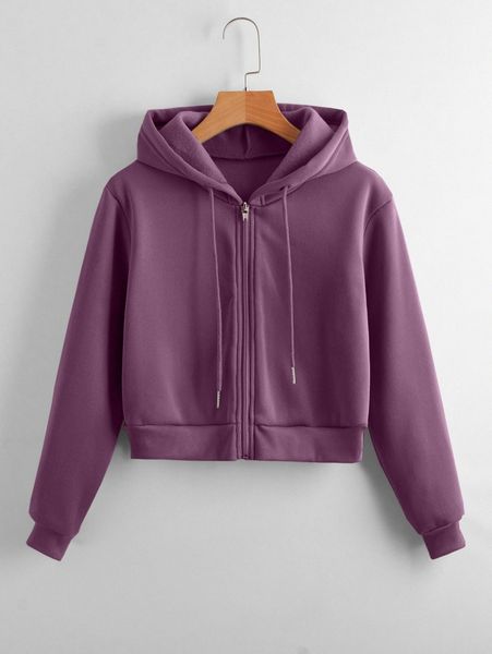 

solid zip up drawstring crop hoodie 92ra#, White;black