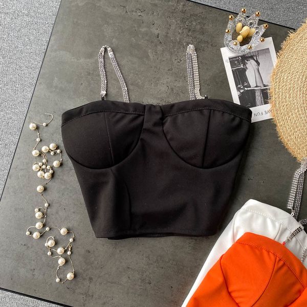 

2021 new female singiny y2k summer no sleeves solid back chain design spaghetti short harvest tzta, White