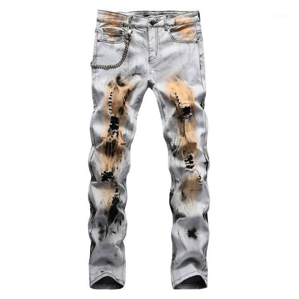 

men's vintage tie and dye holes ripped denim jeans with chain slim straight stretch pants trousers1, Blue