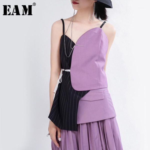 

eam] women purple blue striped asymmetrical camis new v-collar sleeveless personality fashion tide spring autumn 2020 1t9771, White