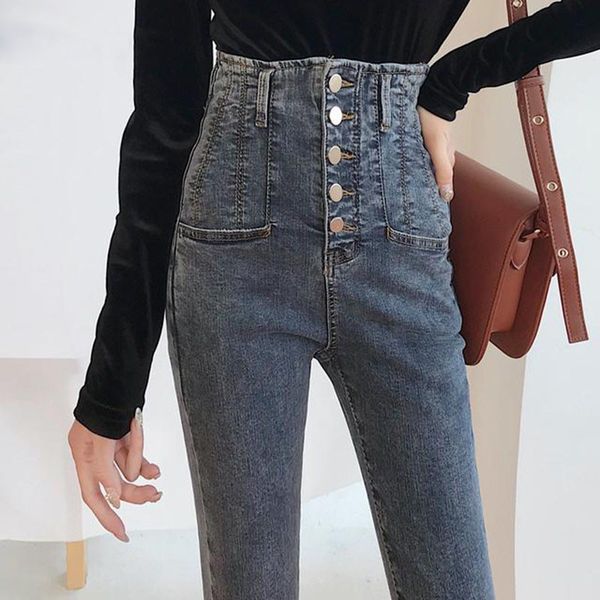 

vintage high waist buttons women jeans female slim elastic stretch mom jeans ladies black skinny denim pencil pants streetwear, Blue