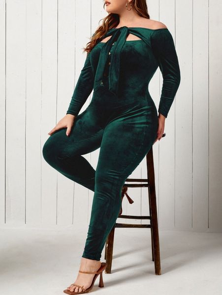 

plus fake button tie neck velvet unitard jumpsuit e0lp#, Black