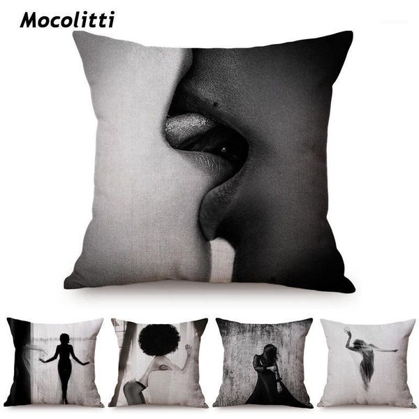 

kiss woman lips black and white charming dancing posture print cotton linen cushion cover sofa decorative throw pillow case1