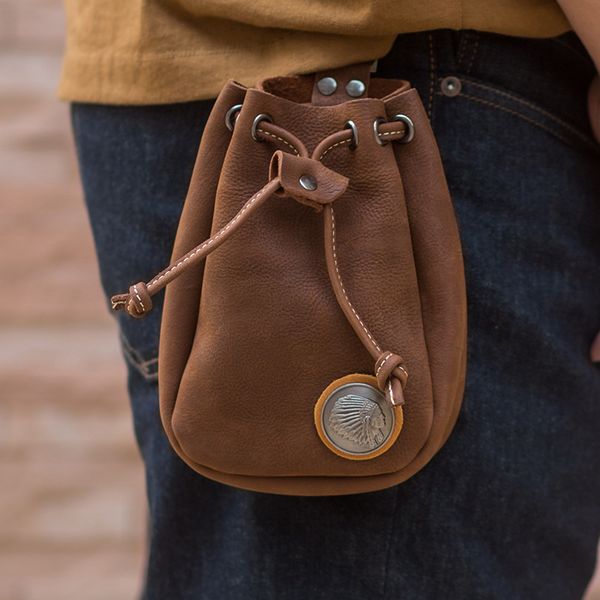 

handmade retro first layer cowhide leather pouch bag small pocket men's drawstring mobile phone bag wallet, Red;black