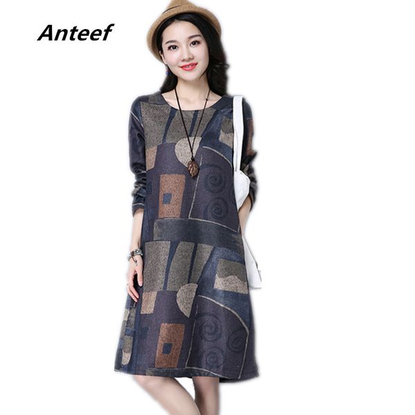 

long sleeve cotton vintage print women casual loose midi autumn spring winter party dress elegant clothes ladies dresses 201126, Black;gray