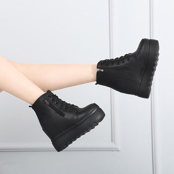 

women's leather boots booties woman 2021 high heels shoes winter footwear zipper round toe stiletto ladies rock ankle solid1, Black