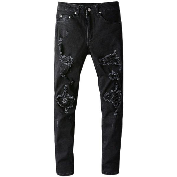 

new men's male trousers fashion high street brand black patch leather patch hole black jeans men stretch slim thin denim pants, Blue