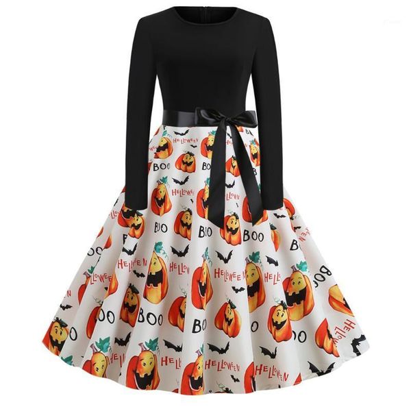 

2019 fashion women halloween dress long sleeve cartoon pumpkin print patchwork robes vintage pinup party dresses plus size1, Black;gray