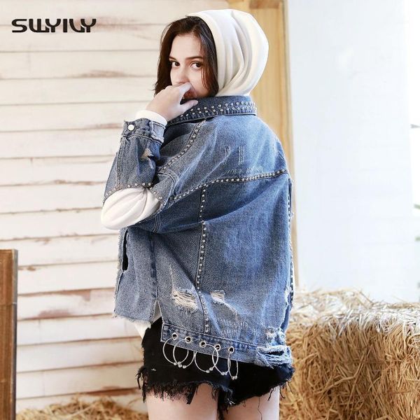 

swyivy denim jacket women's oversized irregular hole denim clothing 2020 spring new rivet jacket coat for woman outwear1, Black;brown