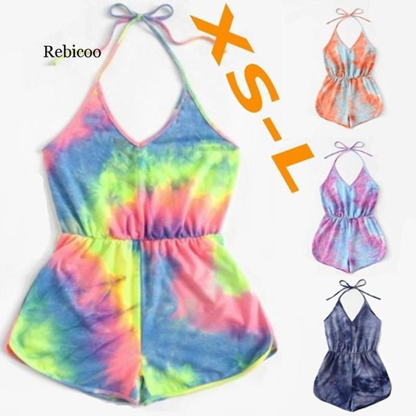 

tie dye print jumpsuit playsuit casual summer gradient colored halter backless shorts beachwear women sportswear streetwear 20201, Black;white