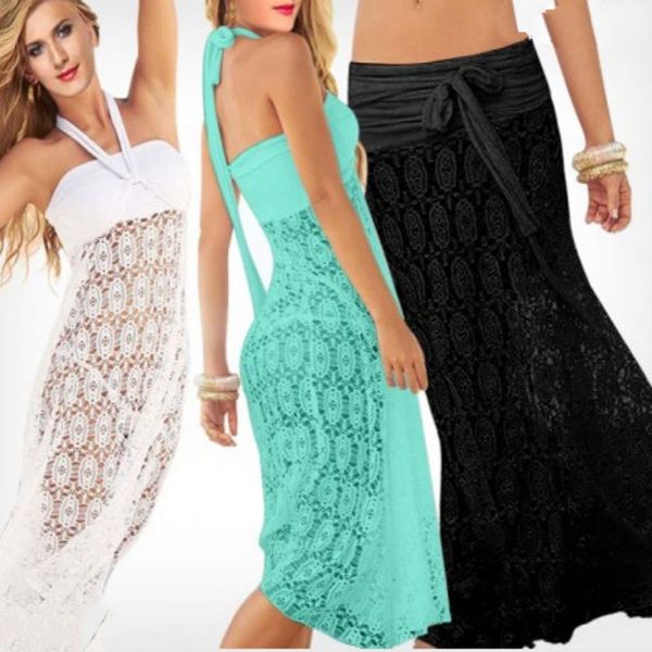

lace beach skirt wraps the bosom skirt perspective bikini cover vogue hollow-out bud smock can wear 2 kinds of method, White;black