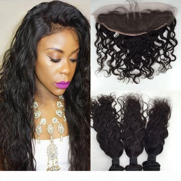 

virgin malaysian natural wave human hair extensions 4pcs lot unprocessed hair weft 3pcs+1pc lace frontal closure 100g each bundle, Black