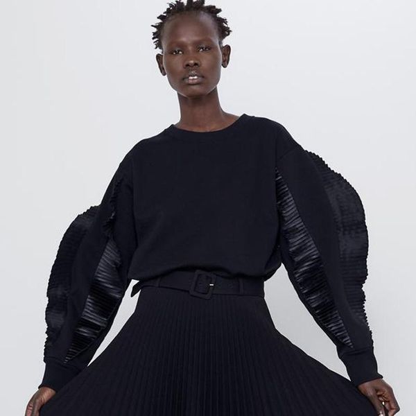 

agong o neck solid sweatshirts women fashion cascading fold sweatshirt women elegant long sleeve sweatshirts female ladies jac1, Black