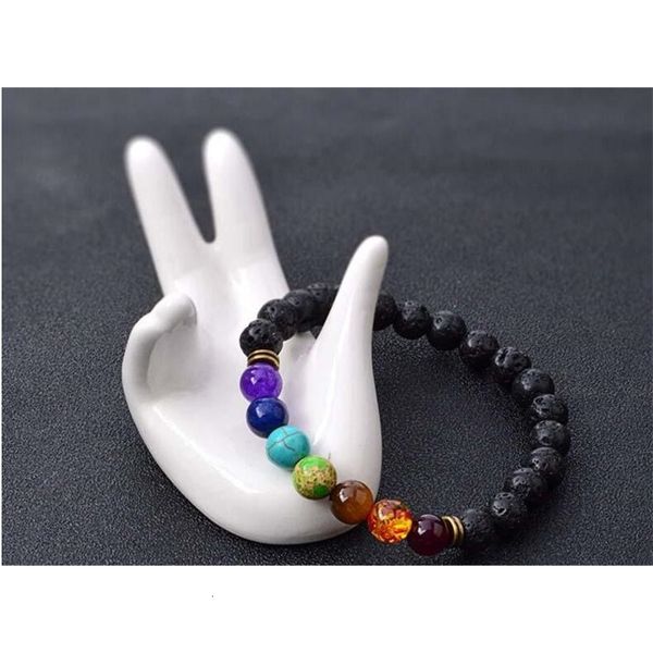 

natural black lava stone bracelets 7 reiki new chakra healing balance beads bracelet for men women stretch yoga jewelrynh7k